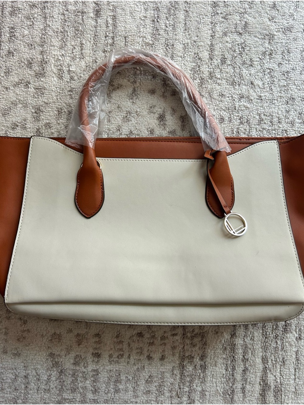 Cream and Brown Two-Tone Tote Bag with Silver Accent